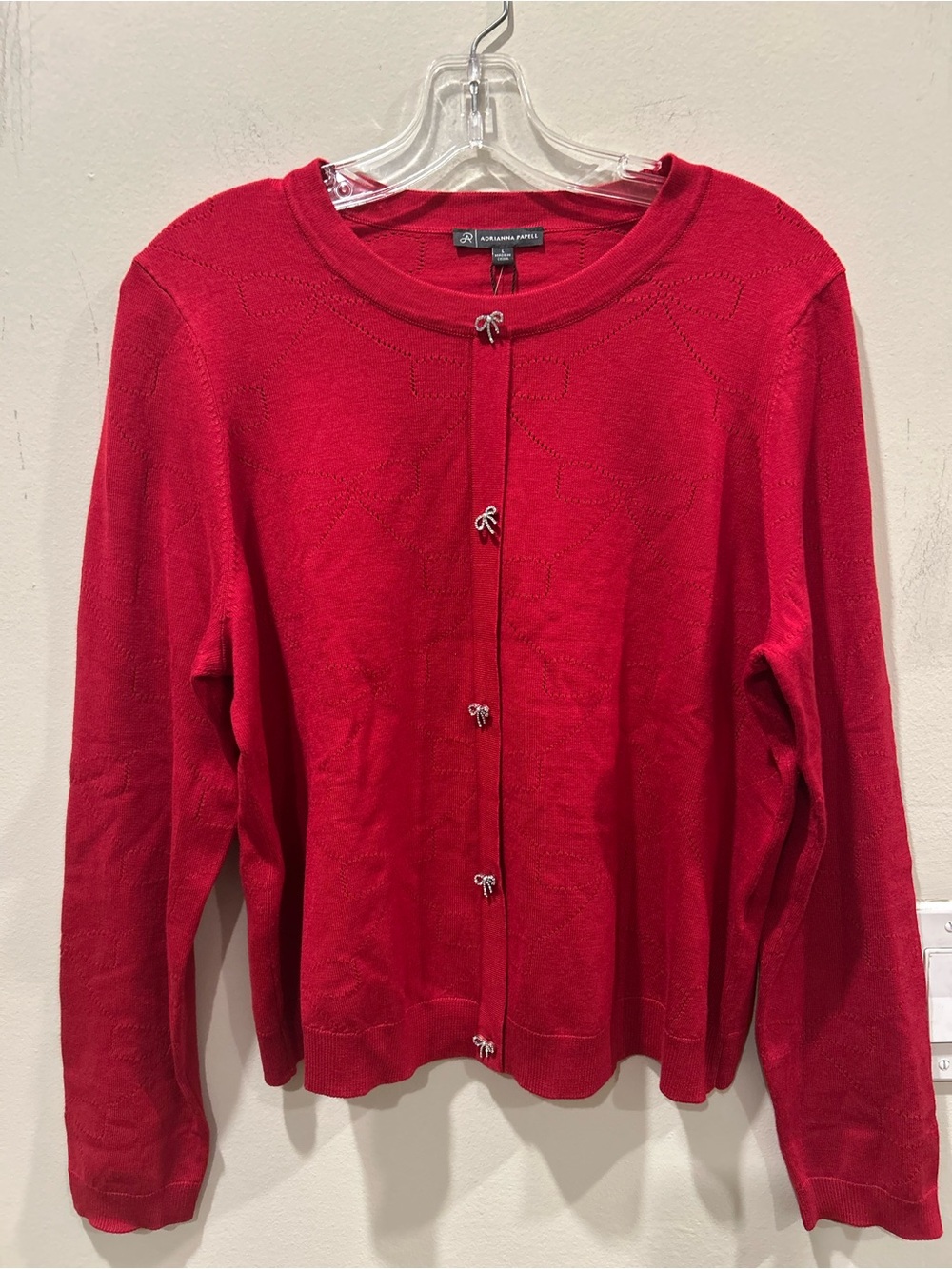 NWT Adrienne Vittadini Red Bow Pointelle rhinestones Crewneck Button Cardigan